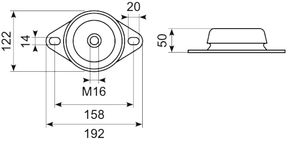 Vibrationsdæmper ø122 -M16
CC 158 mm Højde 50mm
600-800kg