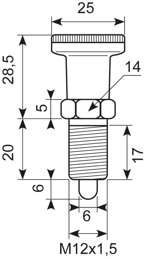 Rustfri positionerings bolt 
Pin Ø d=6
Rustfri ss303 Nylon