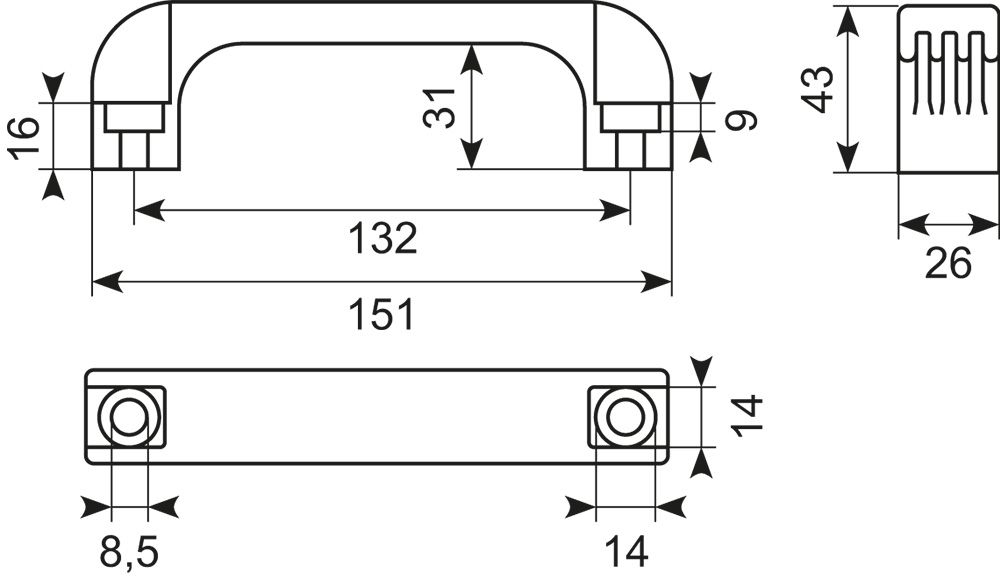 Greb132mm center sort 
Nylon PA6 H=43mm B=26mm
til ch.unbr