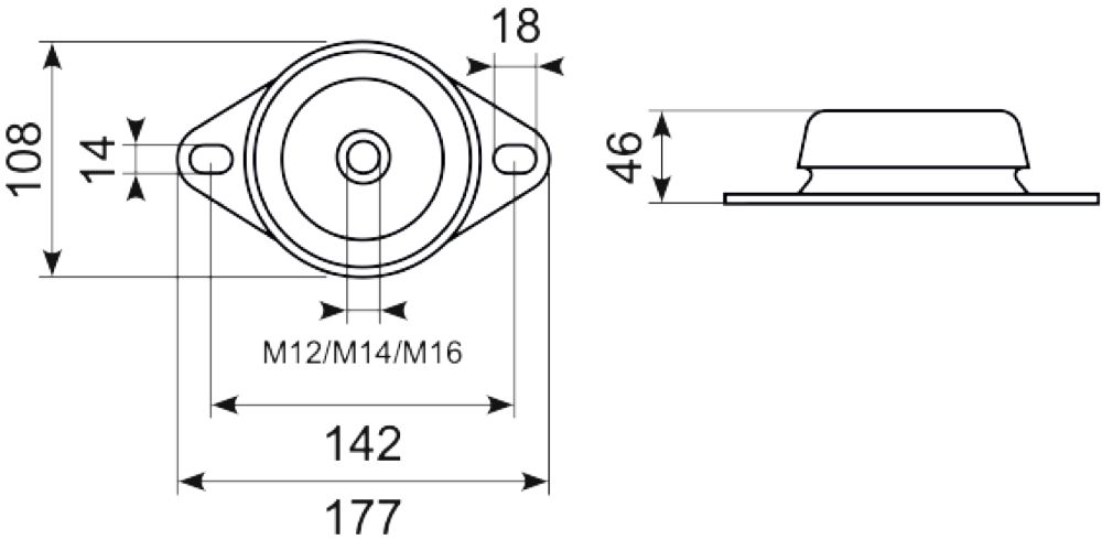 Vibrationsdæmper ø108 -M12
CC 142 mm Højde 46mm
400-500kg