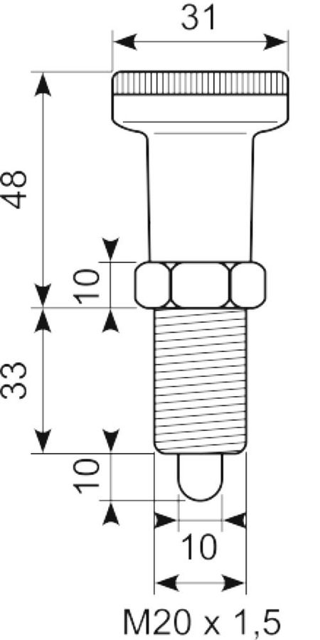 Rustfri positionerings bolt 
Pin Ø d=10
Rustfri ss303 Nylo