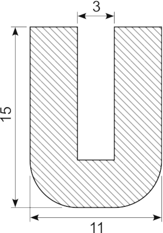 U-svampegummi. 3 x 11 x 15 mm