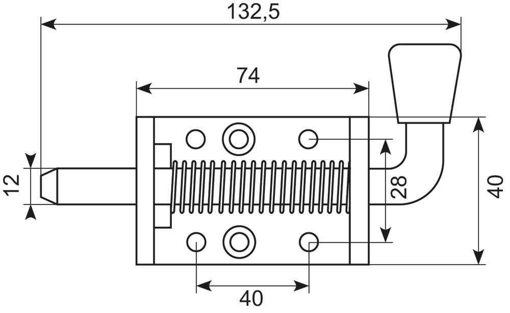 Fjederrigel. dorn Ø12 mm.
Flange og stopbolt stål el-galv.