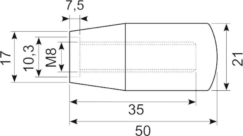 Sort knop Ø21X50 M8 indv.gev.