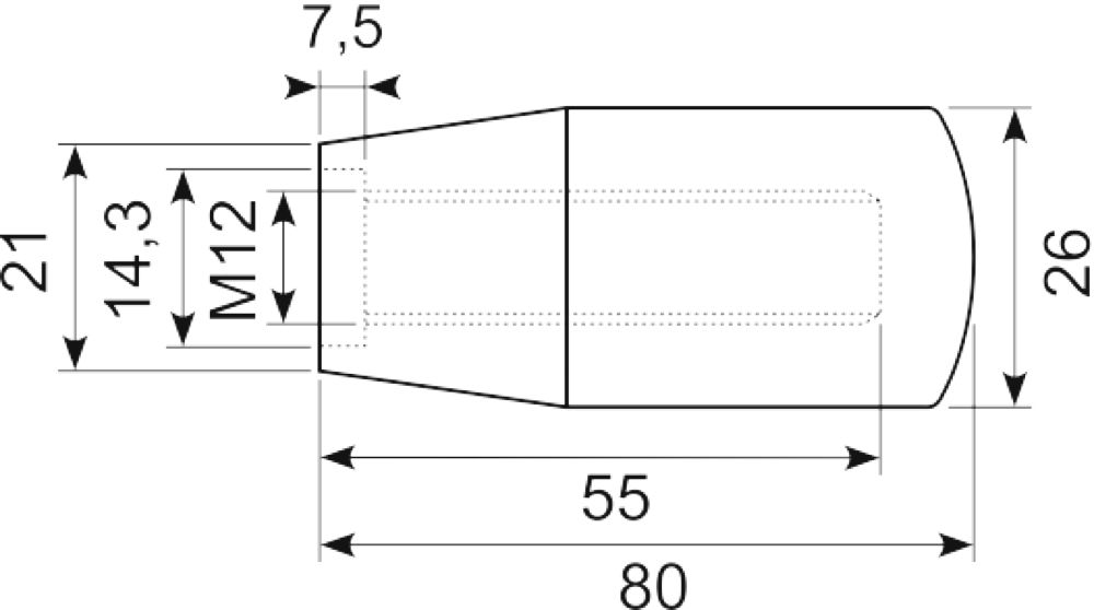 Sort knop Ø26X80 M12 indv.gev.