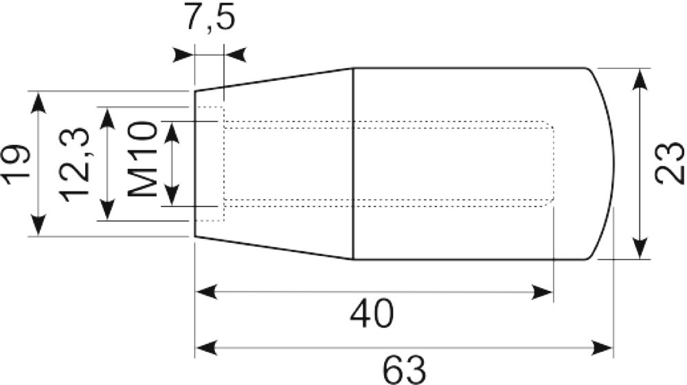 Sort knop Ø23x63 M10 indv.gev.