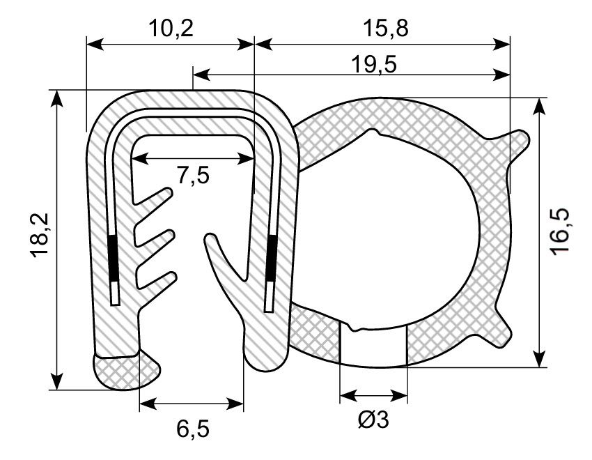 Kantliste Co.ex EPDM 
M/ballon på side grip 
3-6mm Klembre