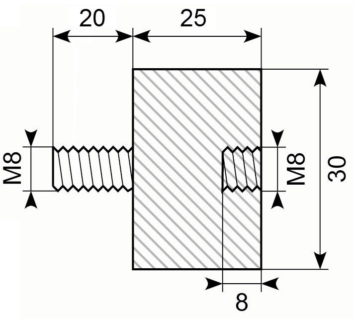 Vibrationsdæmper Ø30x25 mm 
M8x20 mm udv. + M8 indv.
NR/SB