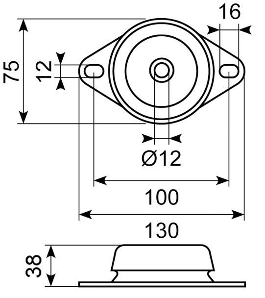 **Vibrationsdæmper ø75 -M12
CC 100 mm Højde 38mm
100kg
-N
