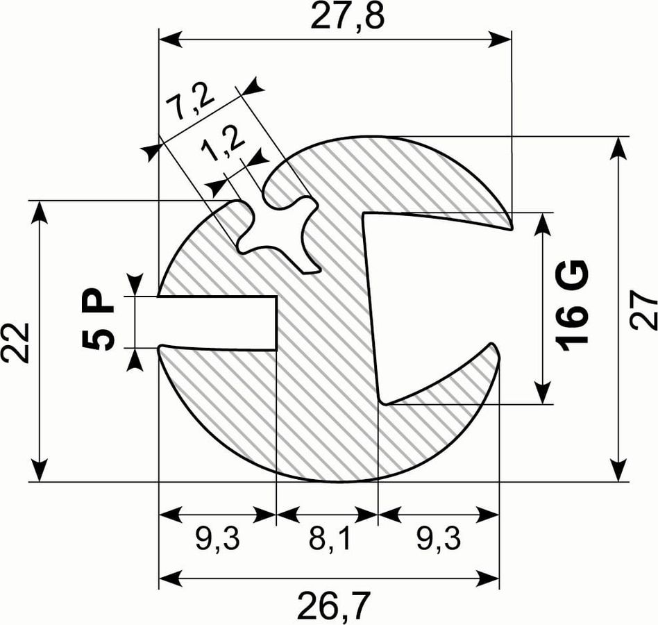 Rudeprofil. 16 mm glas. 5 mm pl.